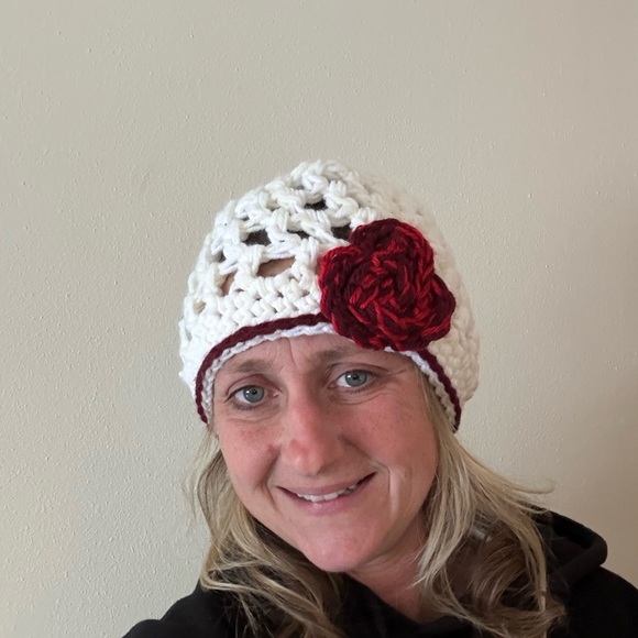 Handmade White Crochet Beanie with Red Flower - Picture 6 of 6